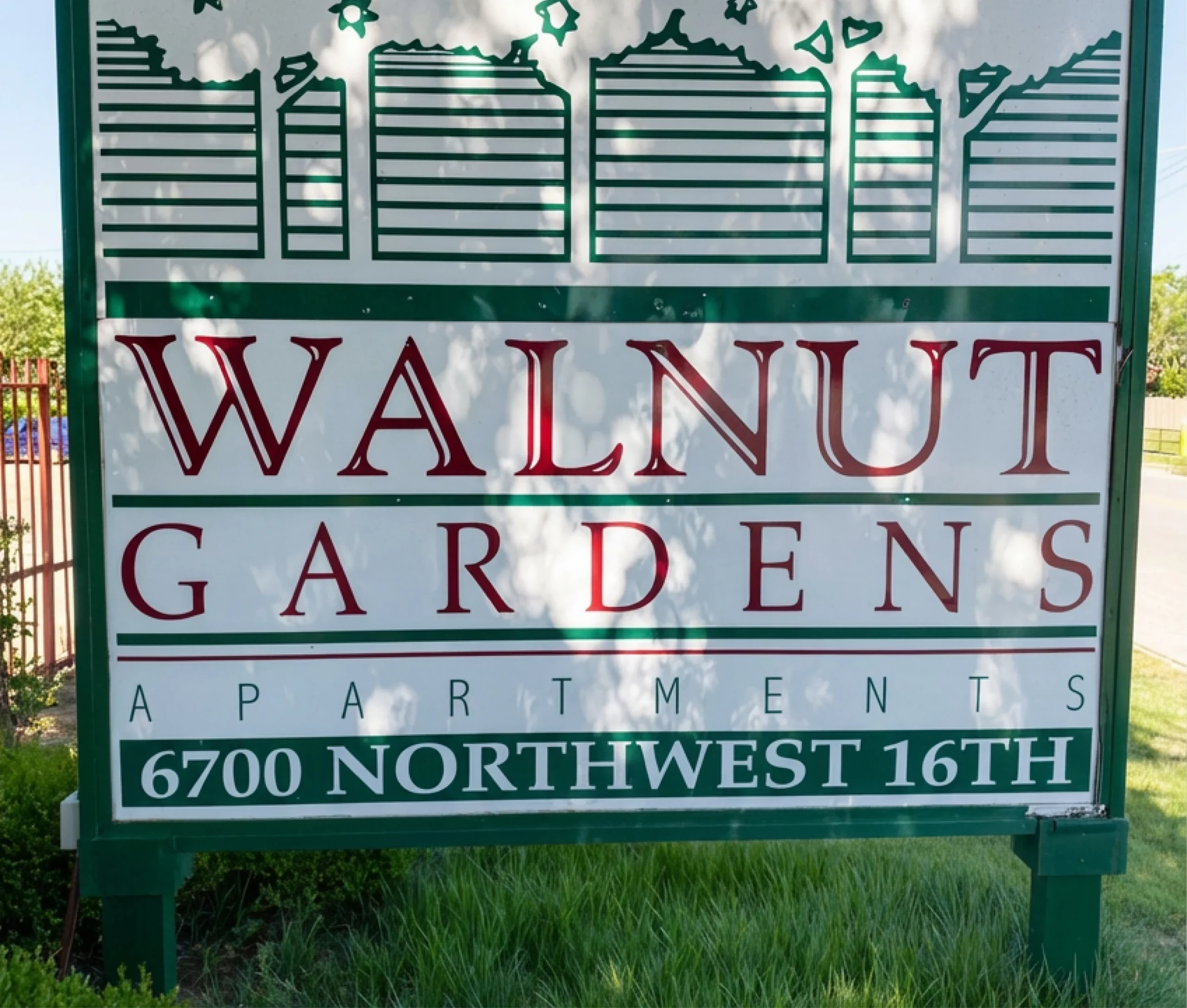 Walnut Gardens Apartments sign showing location in Oklahoma City